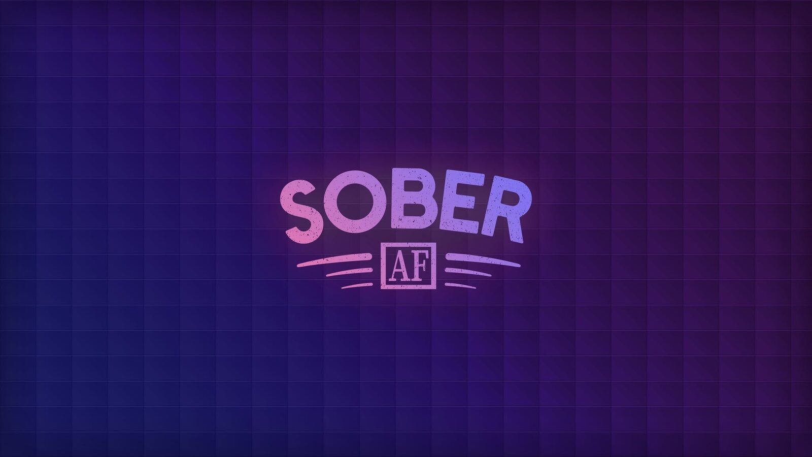 Neon Sober AF logo on a purple grid background